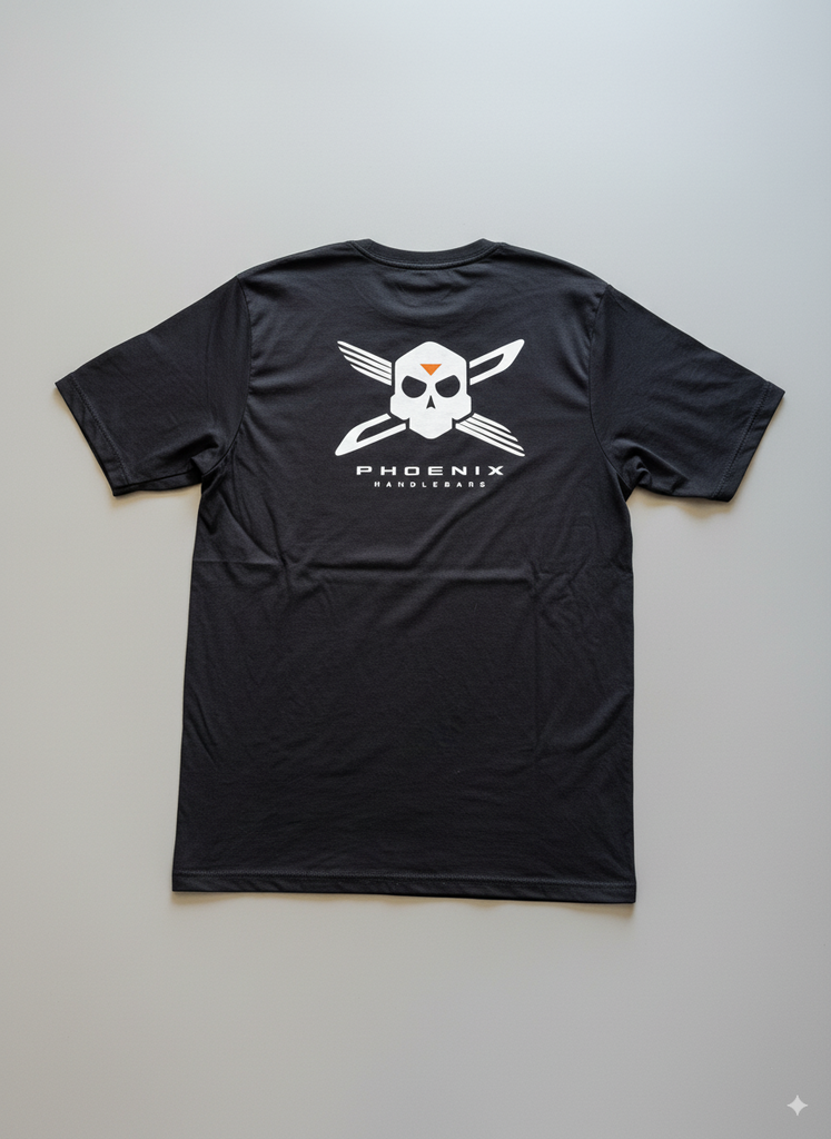 Black t-shirt with a white graphic design on a light gray background