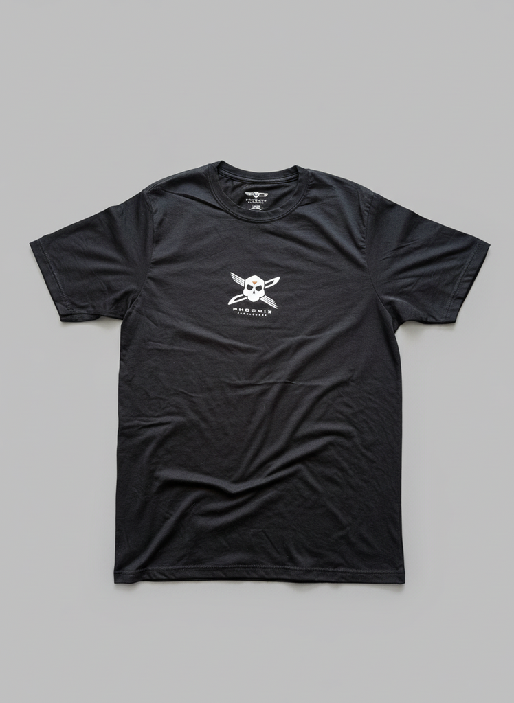 Black t-shirt with a white logo on a gray background