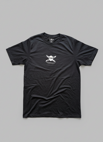 Black t-shirt with a white logo on a gray background
