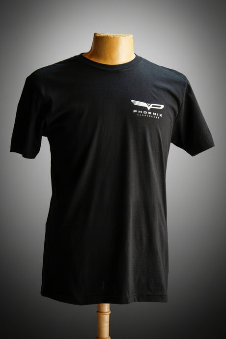 Black t-shirt with a logo on a mannequin against a gray background